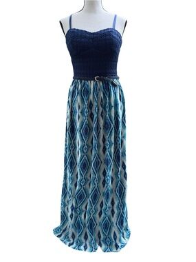 Lily Rose Navy Crochet Bodice Maxi Dress with Blue Patterned Skirt
